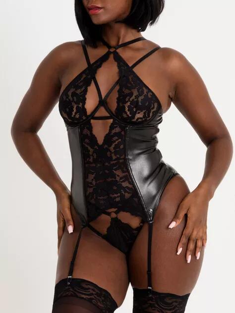Lovehoney Fierce Romance Black Wet Look and Lace Bustier Set