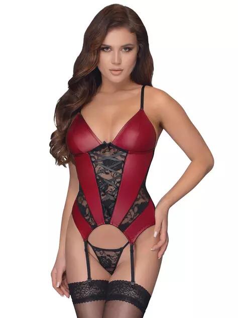 Cottelli Red Wetlook and Lace Basque Set