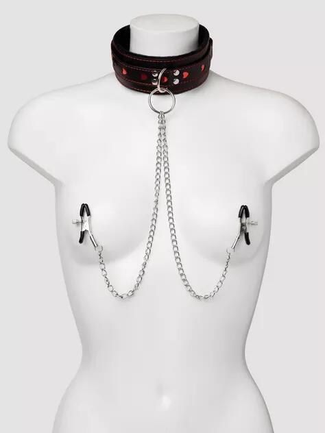 Bondage Boutique Heart Collar with Nipple Clamps and Chain