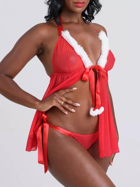Lovehoney Christmas Pom-Pom Red Sheer Babydoll Set