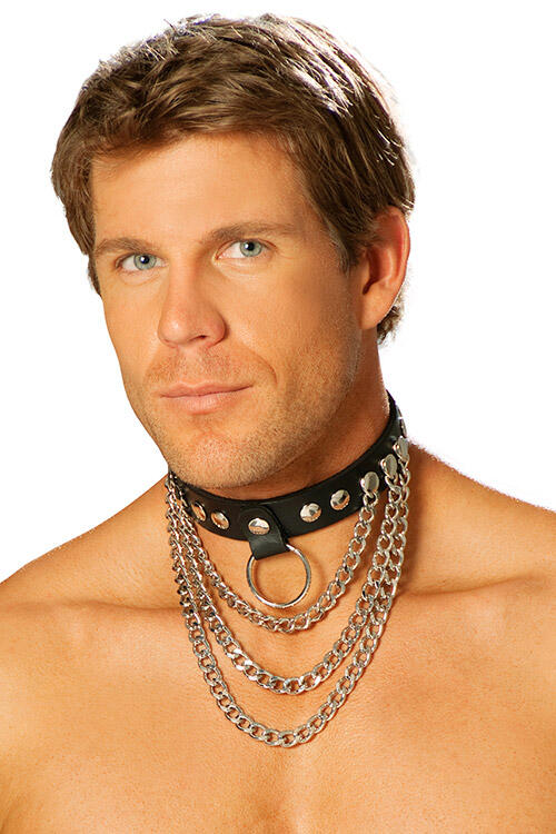 Elegant Moments Bound In Black Mens Leather Collar with Chains & O Ring