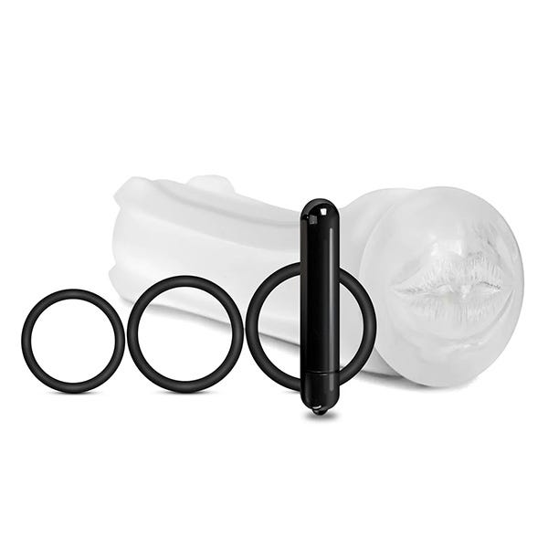 Happy Ending Vibrating Lip Service Stroker and Cock Ring Set