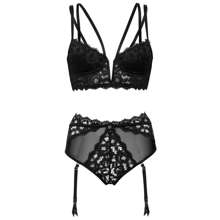 Lovehoney Parisienne Black Lace Plunge Longline Bra Set - Small - Black