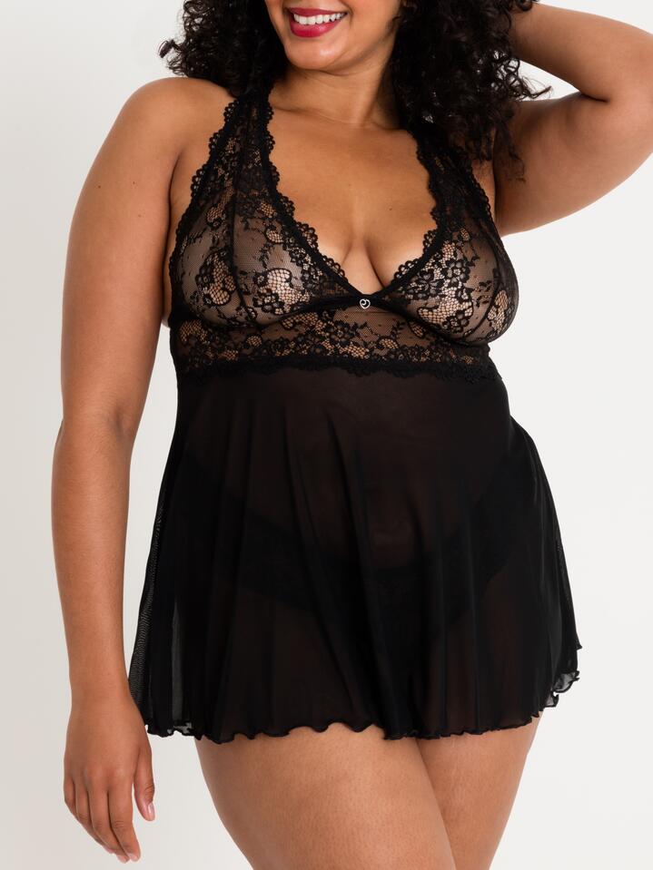 Lovehoney Plus Size Bombshell Black Lace Babydoll Set - 5X / 6X - Black