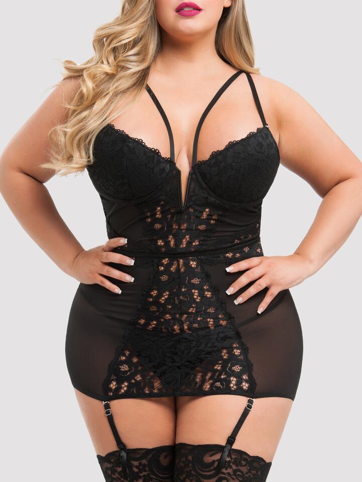 Lovehoney Plus Size Parisienne Black Lace Plunge Chemise - 5X / 6X - Black