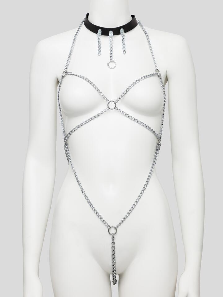 DOMINIX Deluxe Open-Body Chain Harness with Leather Collar - Silver