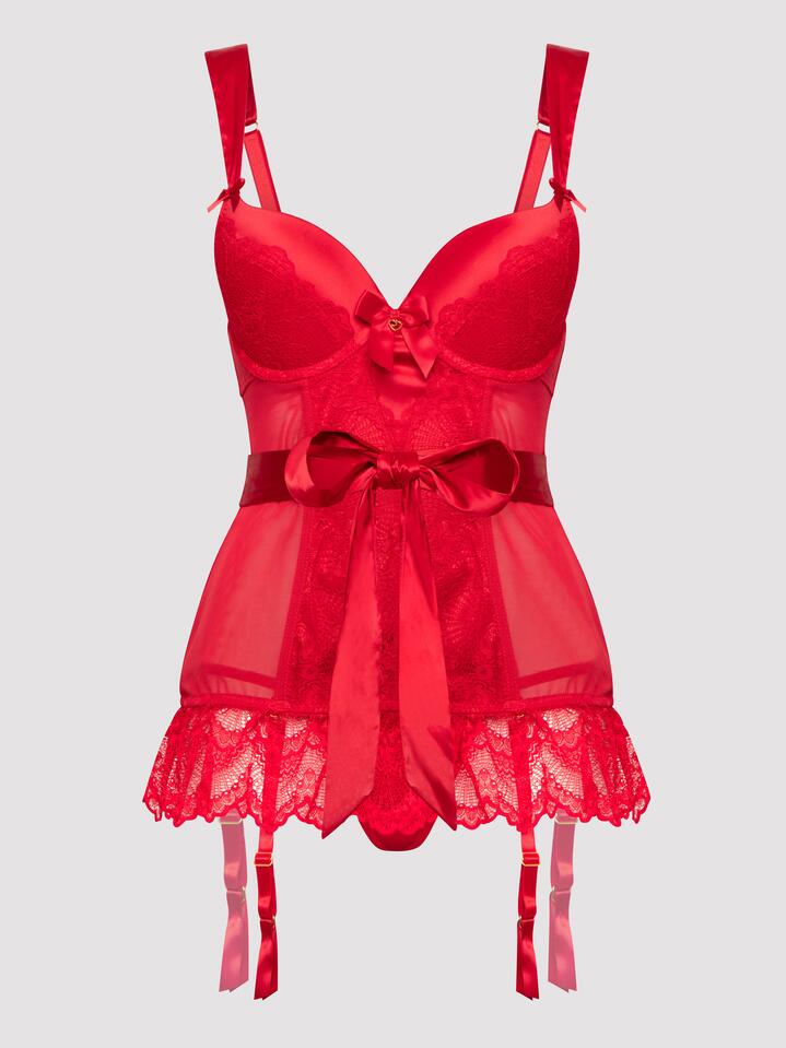 Lovehoney Plus Size Moonlight Desire Red Satin Basque Set - 1X / 2X - Red