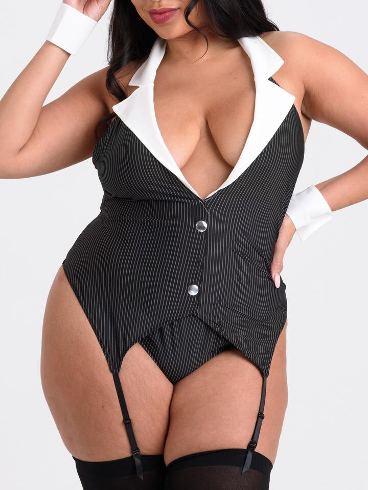 Lovehoney Fantasy Plus Size Boardroom Babe Secretary Bustier Costume - One Size Queen - Black