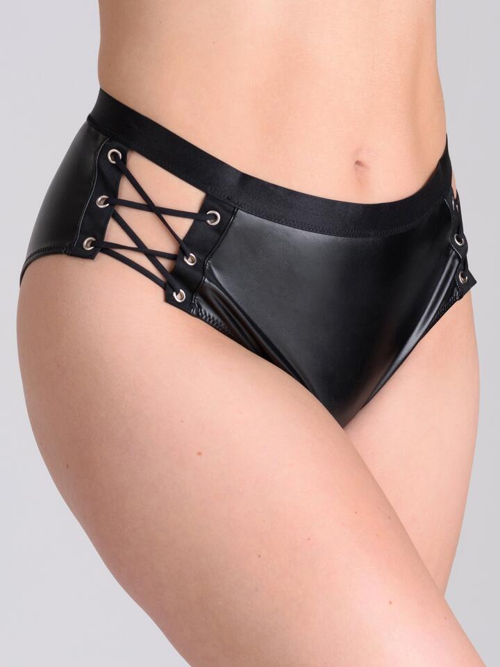 Lovehoney Fierce Leather Look Lace-Up Black Crotchless Open-Back Knickers - One size - Black