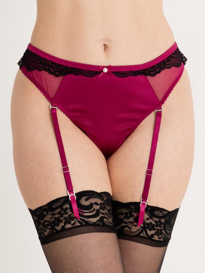 Lovehoney Satin Romance Purple High-Waisted Crotchless Suspender Thong - Large - Purple