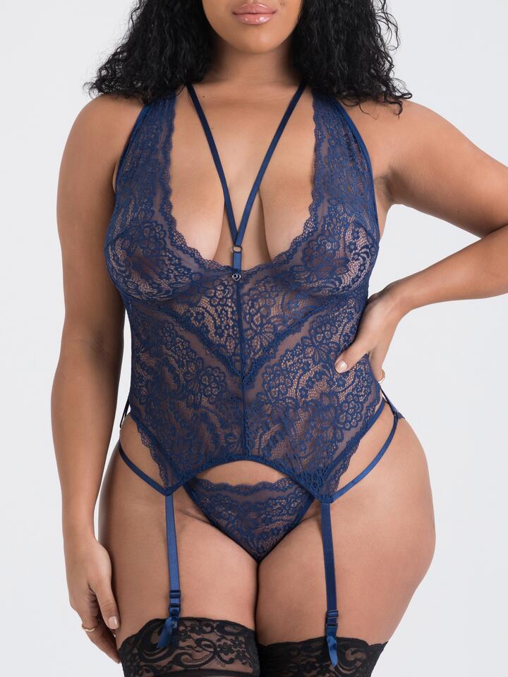 Lovehoney Plus Size Late Night Liaison Blue Lace Plunge Bustier Set - One Size Queen - Blue