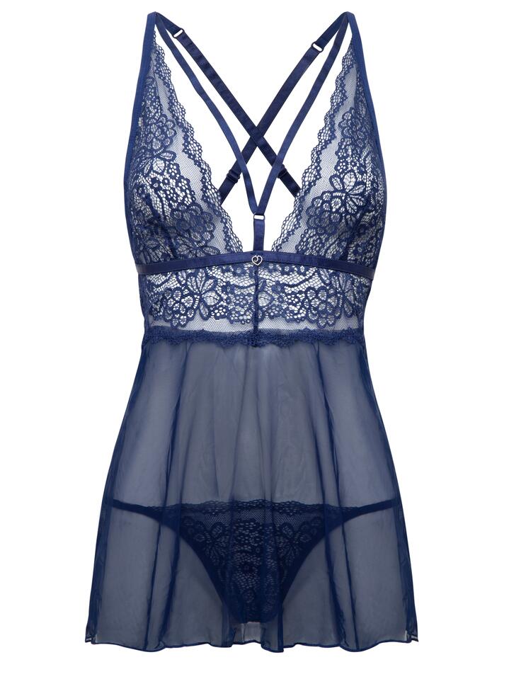 Lovehoney Late Night Liaison Blue Lace Babydoll Set - One size - Navy