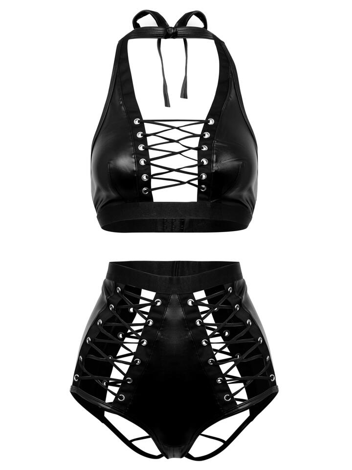 Lovehoney Fierce Leather-Look Lace-Up Bra Set t - Medium - Black