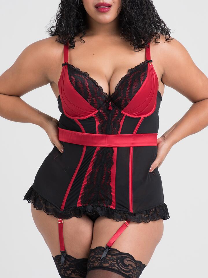 Lovehoney Plus Size Empress Red Satin and Lace Basque Set - 5X / 6X - Red