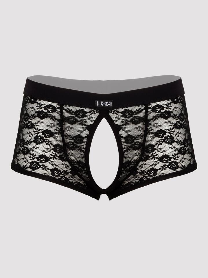 LHM Black Lace Open Front and Back Boxer Shorts - XXL - Black