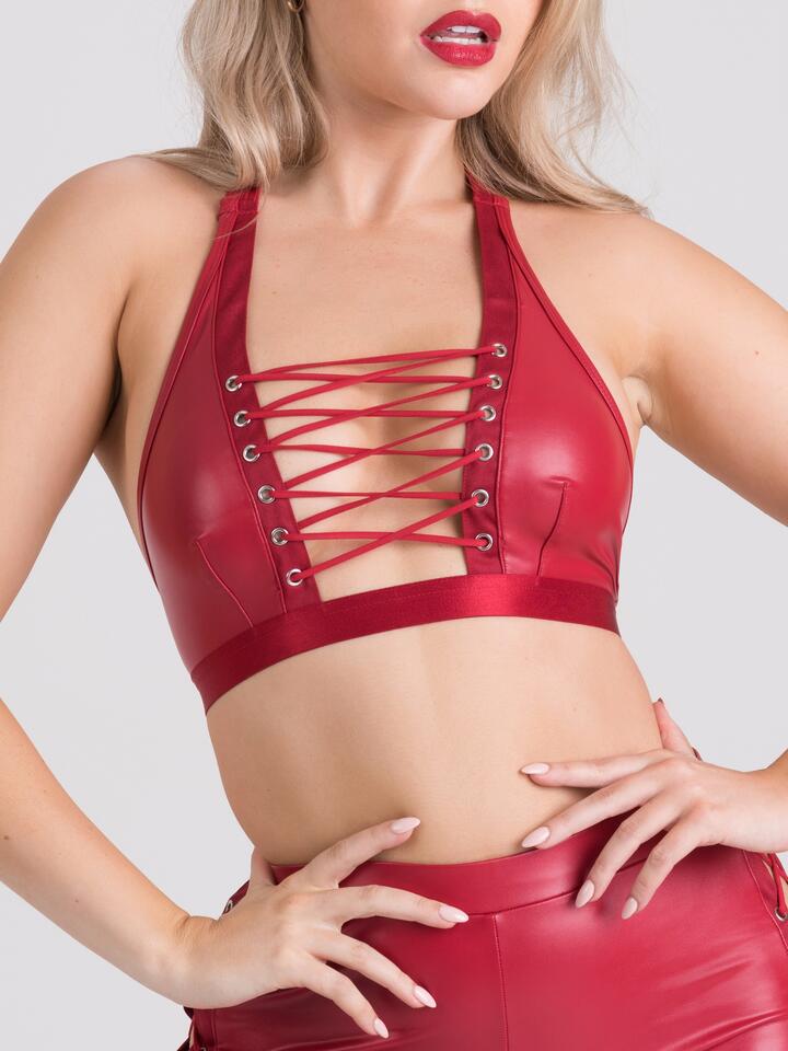 Lovehoney Fierce Leather Look Lace-Up Red Halterneck Bra - Small - Red