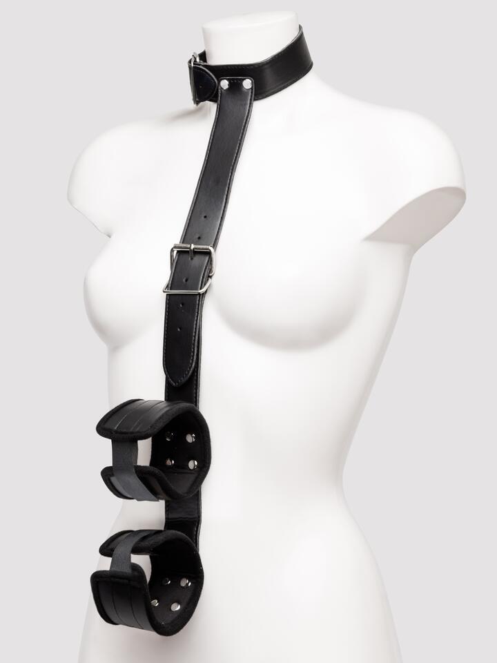 Bondage Boutique Faux Leather Collar to Wrist Restraints - Black