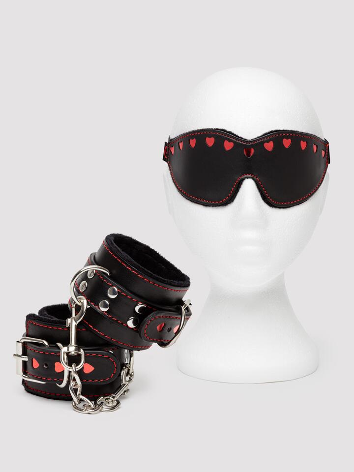 Bondage Boutique Heart Blindfold and Cuff Set (2 pieces) - Black