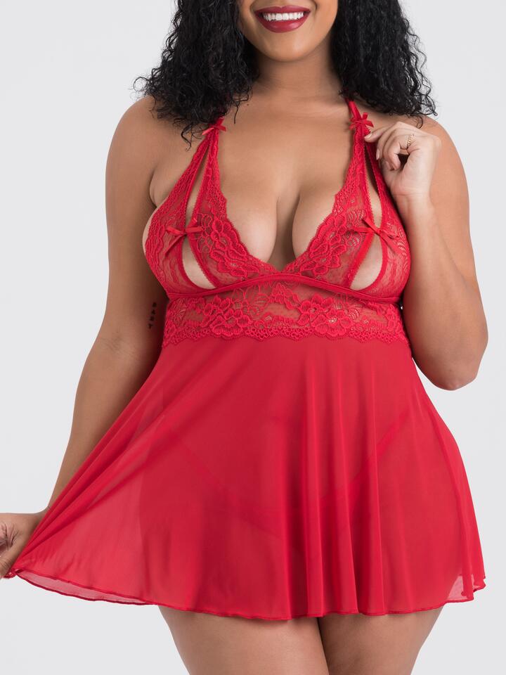 Lovehoney Plus Size Peek-a-Boo Red Lace Babydoll Set - One Size Curve - Red