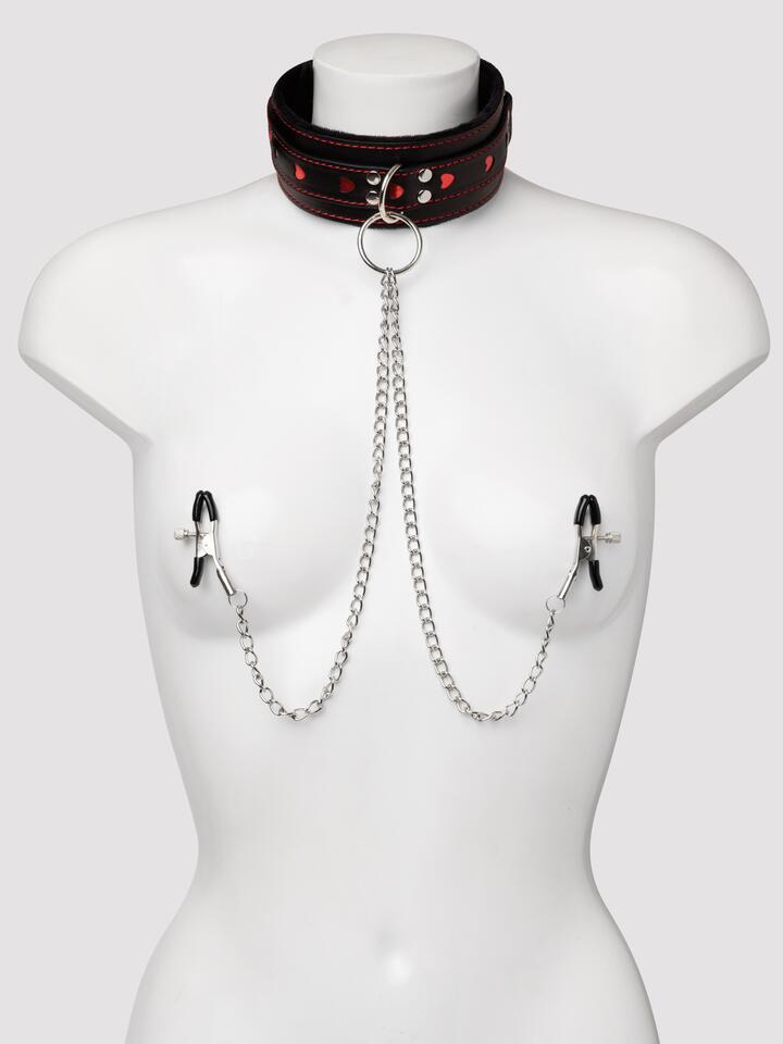 Bondage Boutique Heart Collar with Nipple Clamps and Chain - Black