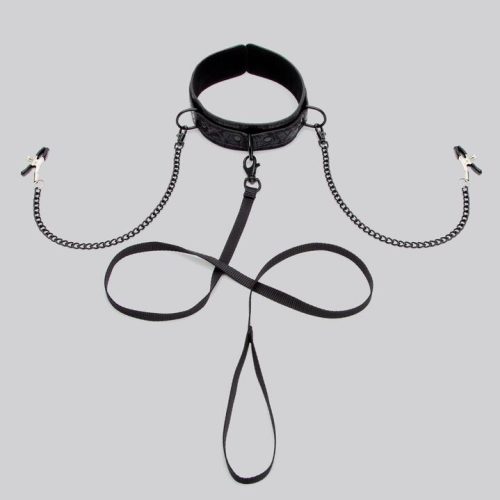 Bondage Boutique Black Rose Collar with Nipple Clamps - Black