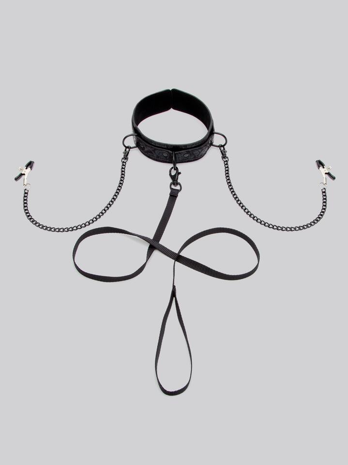 Bondage Boutique Black Rose Collar with Nipple Clamps - Black