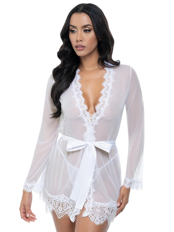 Oh La La Cheri White Bridal Provence Short Sheer Robe and Thong Set - L / XL - White