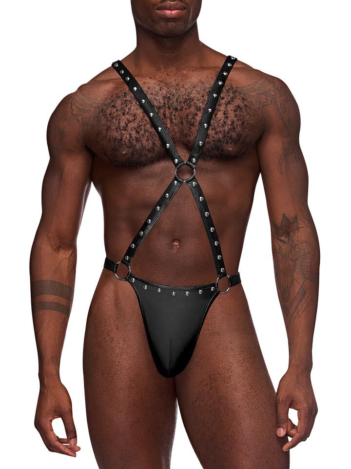 Male Power Black Studded Wet-Look Harness Thong - S / M - Black