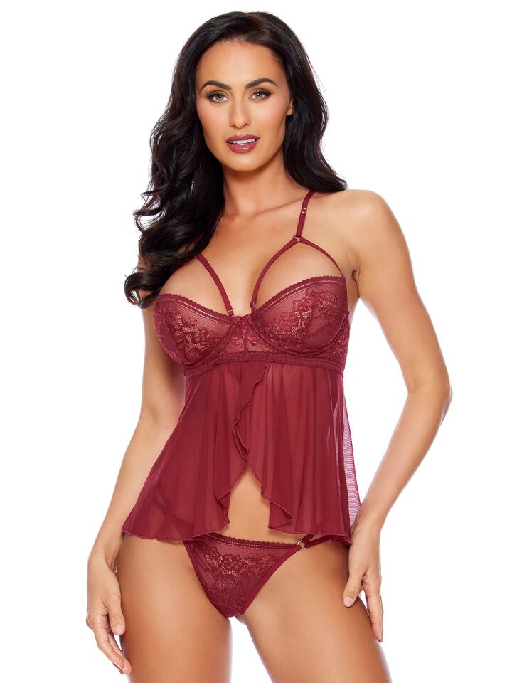 Escante Burgundy Underwire Lace and Mesh Cami Set - Medium - Red