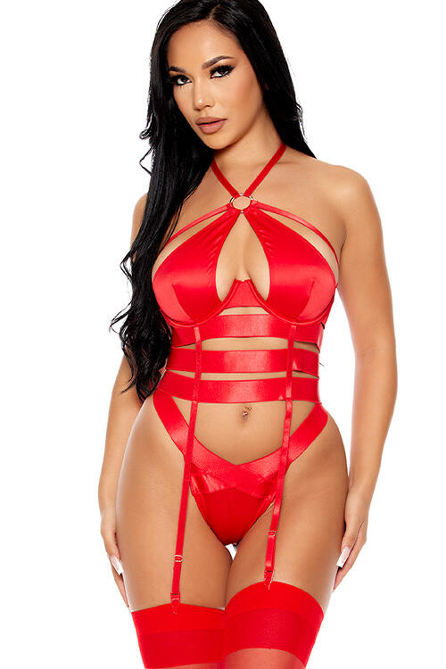Forplay Soft Life 2 Piece Red Ribbon Bustier Set with Panty & Attached Garters