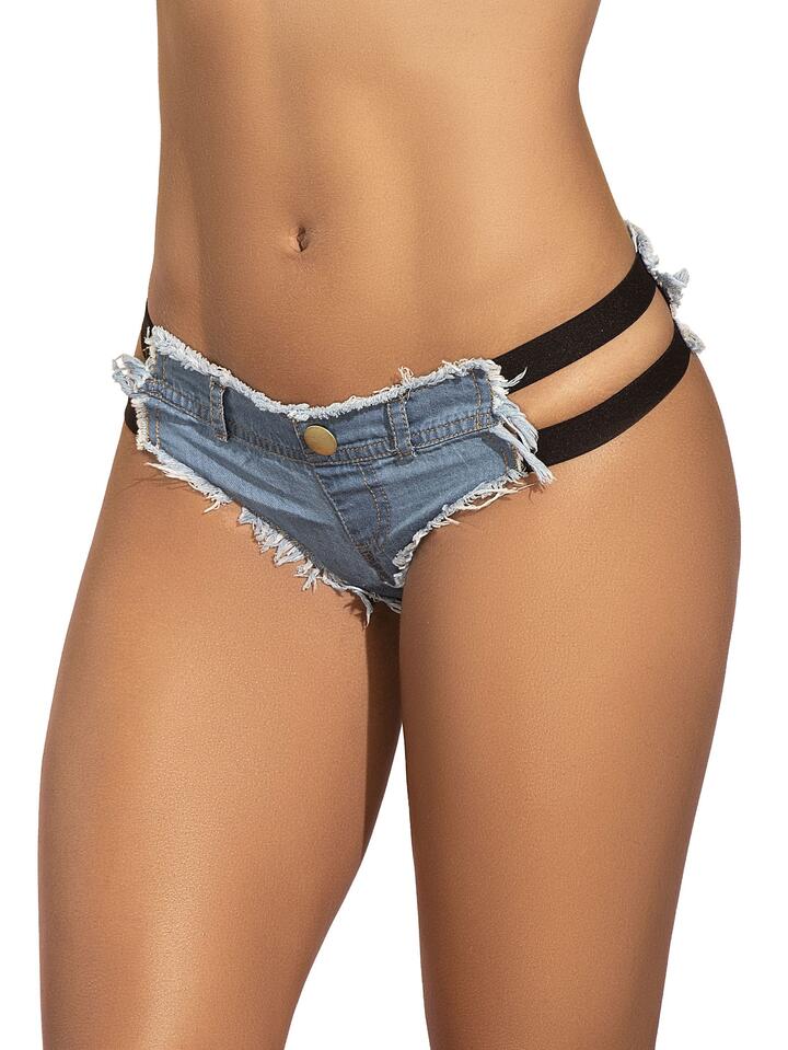 Mapale Denim Elastic Side Frayed Booty Shorts - Medium - Blue