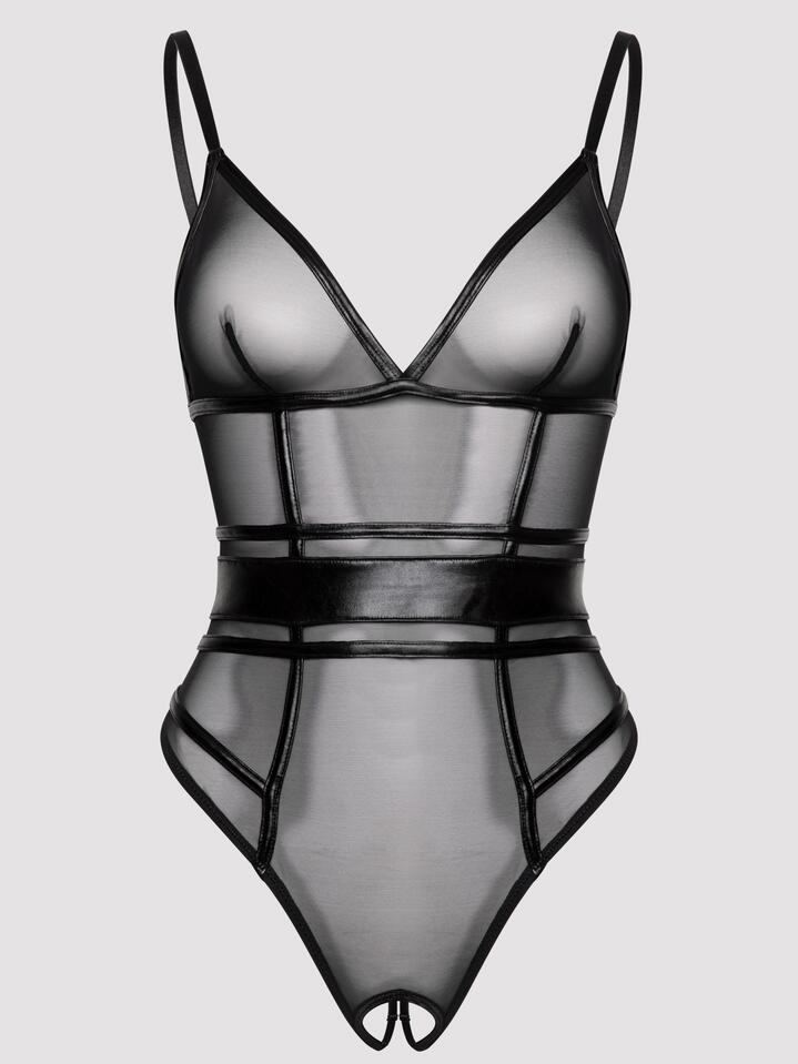Lovehoney Plus Size Fierce Wet Look and Mesh Open-Back Body - One Size Curve - Black