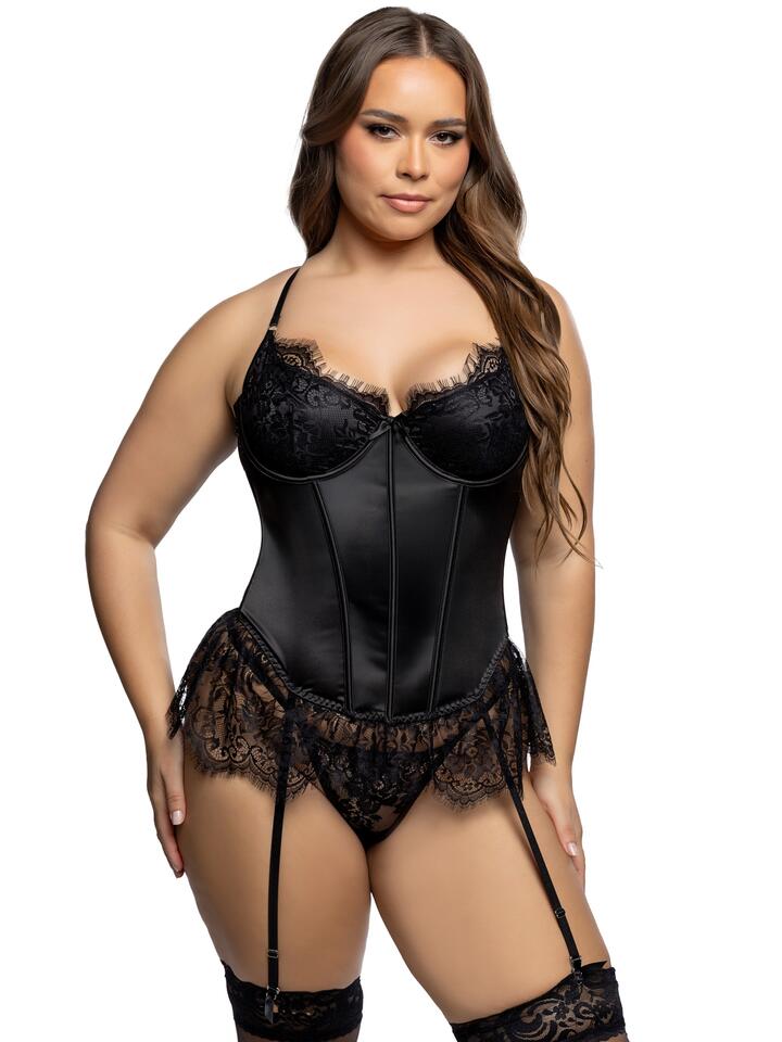 Roma Plus Size Black Eyelash Lace Stretch Satin Bustier Set - 1X / 2X - Black